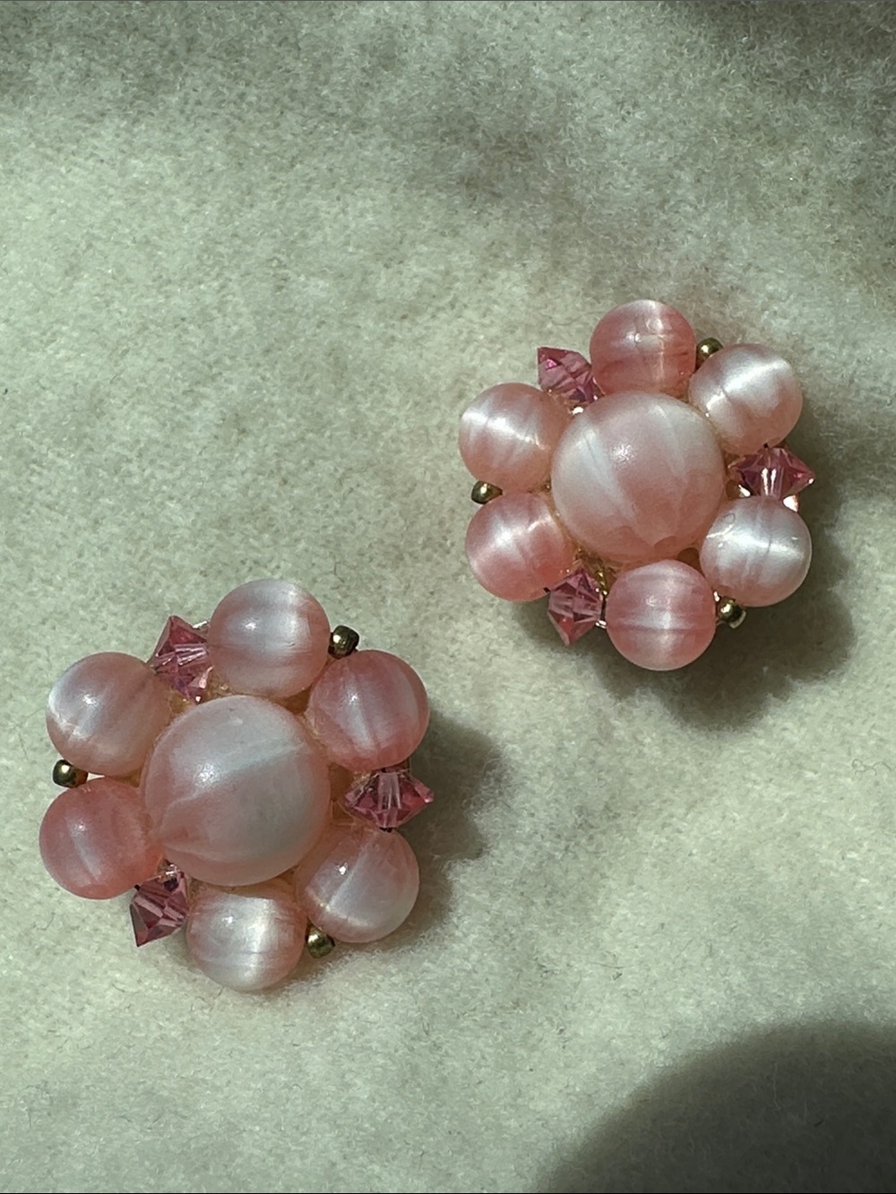 Vintage Signed Lisner Faux Pearl  Moonglow Pink Beaded Flower Clip-On Earrings